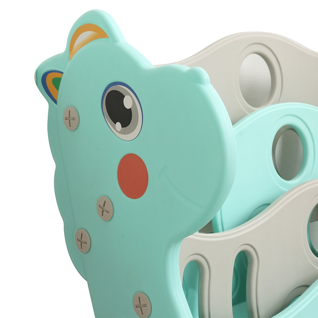 BoPeep Kids Bookshelf featuring a vibrant giraffe design with four deep shelves for children's books, made from safe polyethylene material.